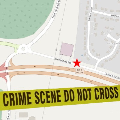 Map of crime scene location with crime scene tape in the foreground